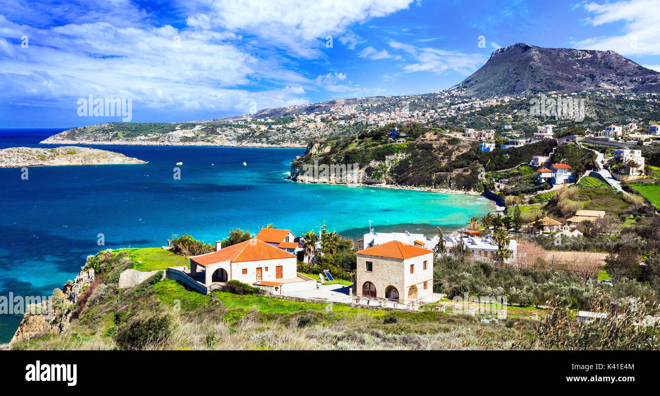 Beautiful Crete island. View of Almyrida bay with turquoise sea. Greek holidays Stock Photo