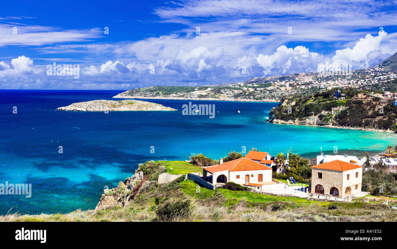 Beautiful Crete island. View of Almyrida bay with turquoise sea. Greek holidays Stock Photo