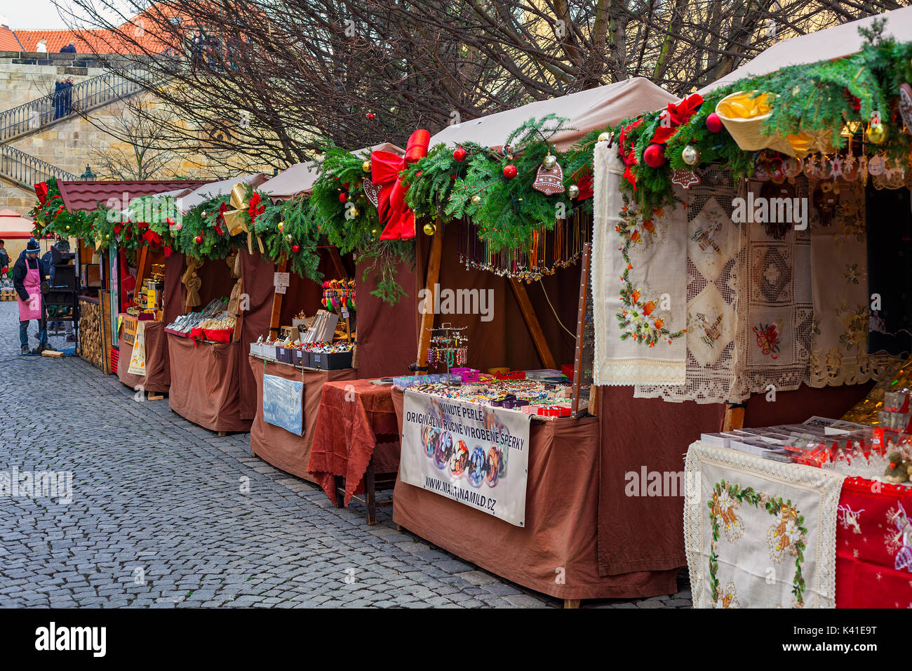 PRAGUE, CZECH REPUBLIC - DECEMBER 10, 2015: Wooden decorated stalls with  traditional products at Christmas market in Old Town of Prague - famous  annua Stock Photo - Alamy