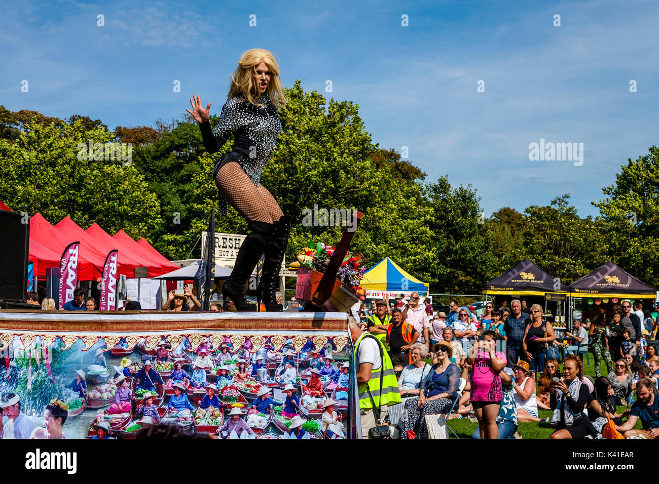 Thai Ladyboys Performing On Stage At The Brighton Thai Festival, Brighton, Sussex, UK Stock Photo