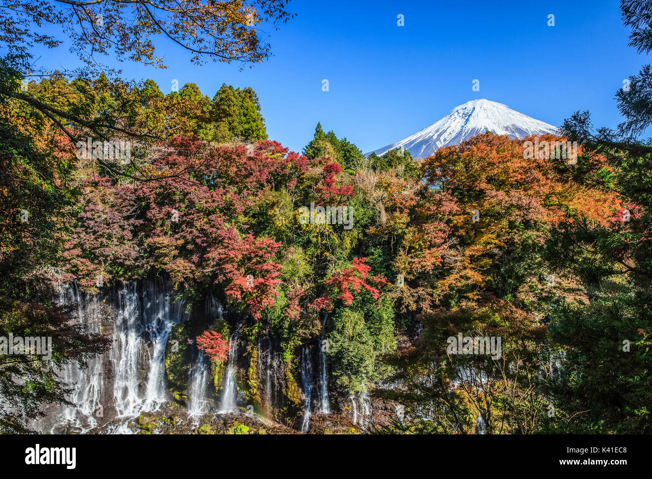 Shiraito Waterfall and Mt. Fuji in Shizuoka, Japan Stock Photo
