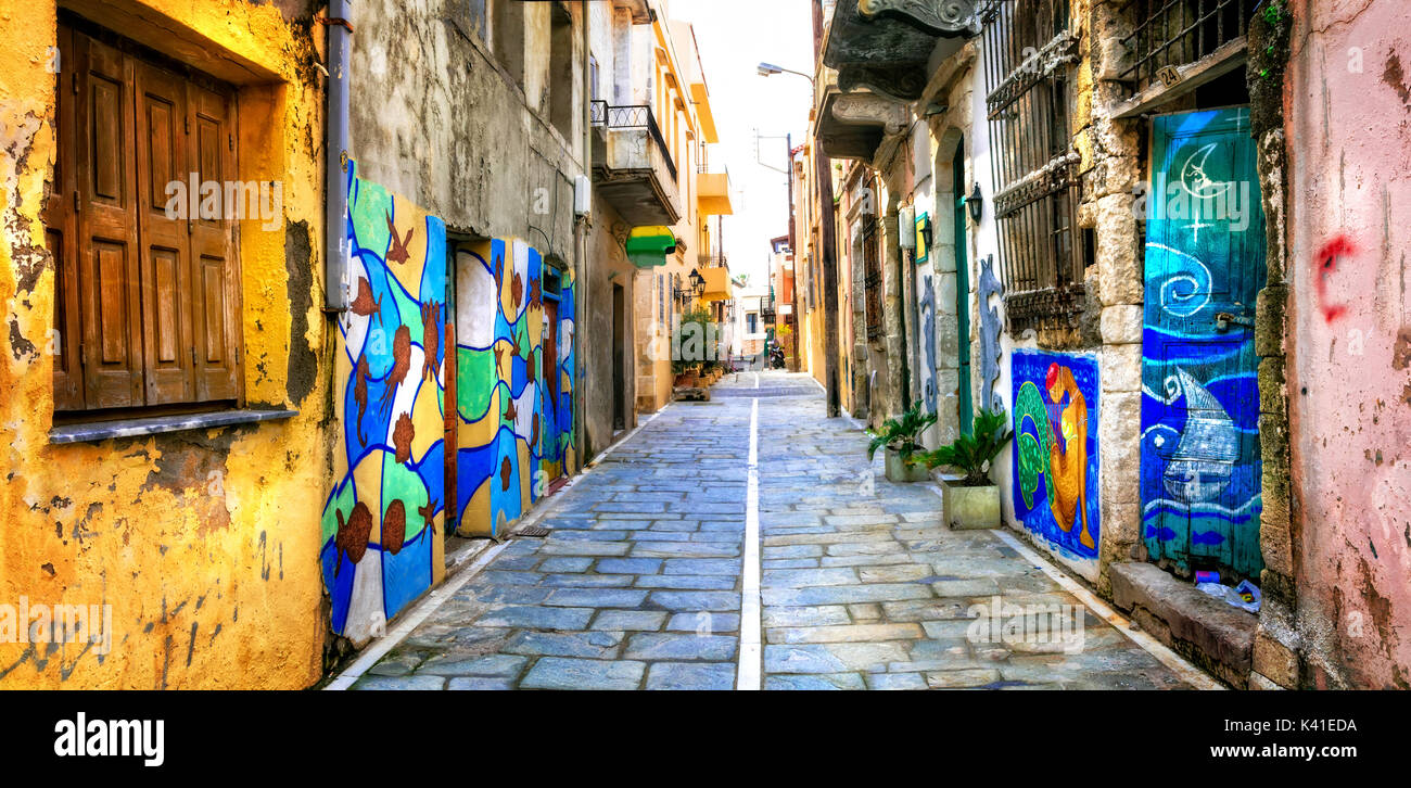 charming colorful streets of old town of Rethymno. Crete island, Greece Stock Photo