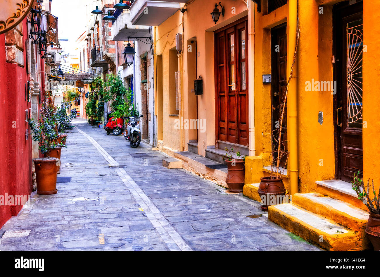 charming colorful streets of old town of Rethymno. Crete island, Greece Stock Photo