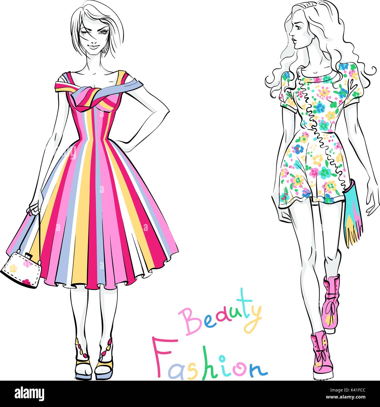 Drawing young slim women in summer dresses Vector Image