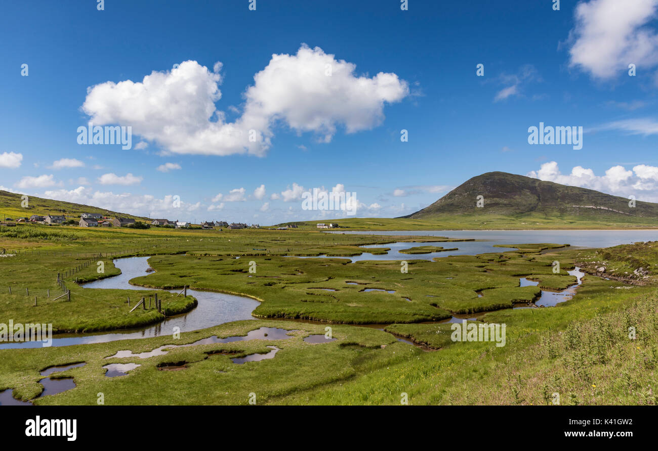The Scarista salt marshes with Toe Head in the background Stock Photo