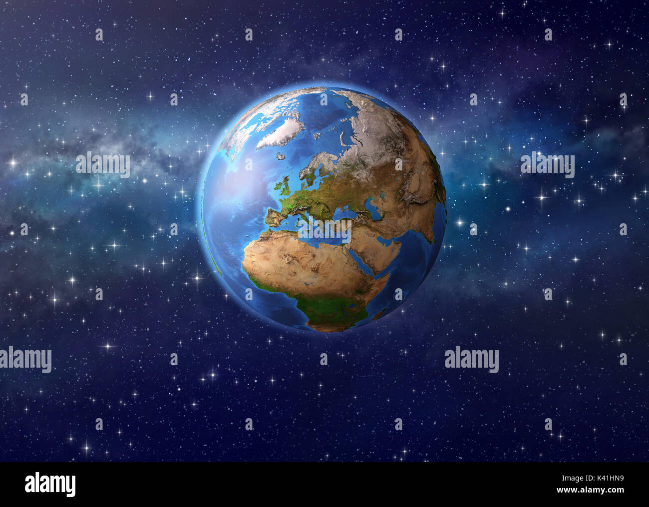 Imaginary view of planet Earth in deep space, focused on Europe, Asia and Africa. 3D illustration - Elements of this image furnished by NASA Stock Photo