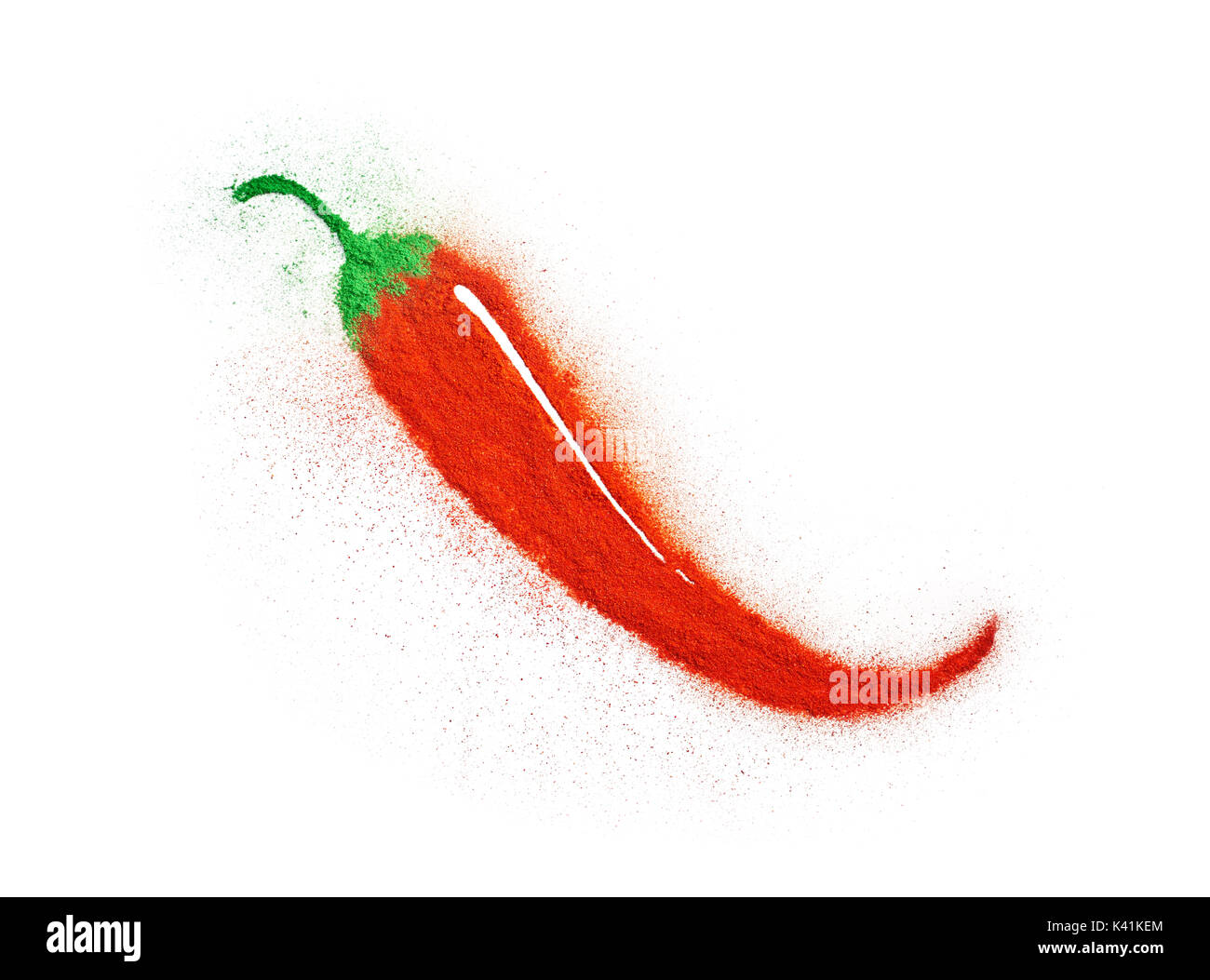 Red and green powder forming a chili pepper shape isolated on white Stock Photo