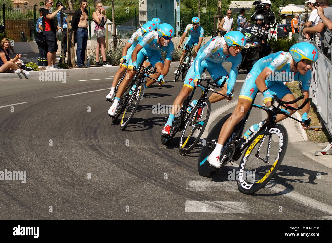 NICE - JULY 2 : The TOUR 2013  (Tour de France) .Astana Pro Team during Nice/Nice Stage 4 (25 km). Stock Photo