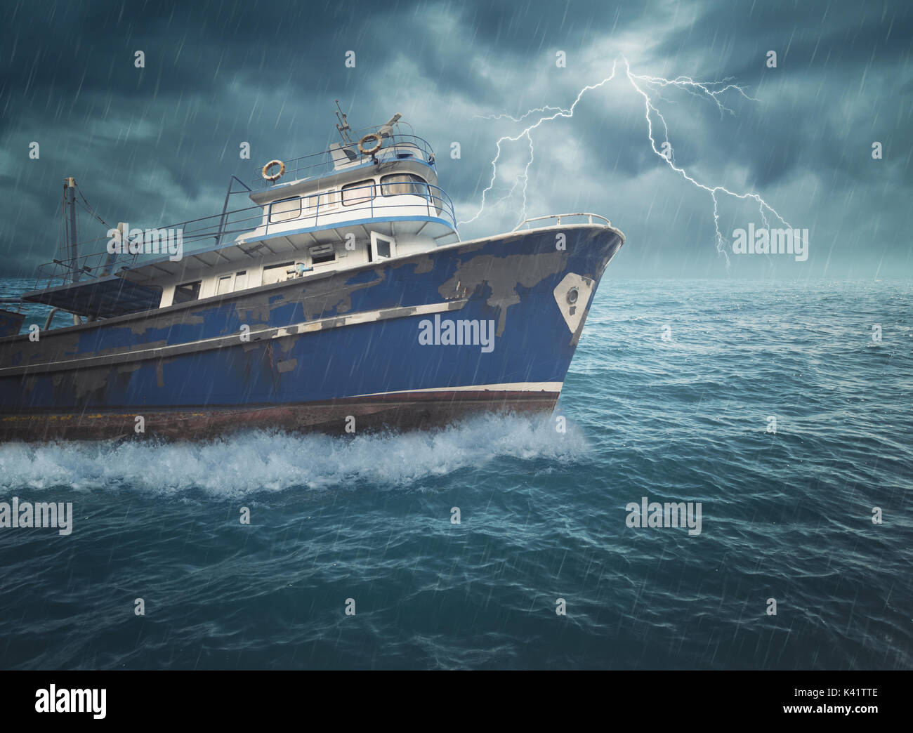 Boat on the ocean with great storm Stock Photo Alamy