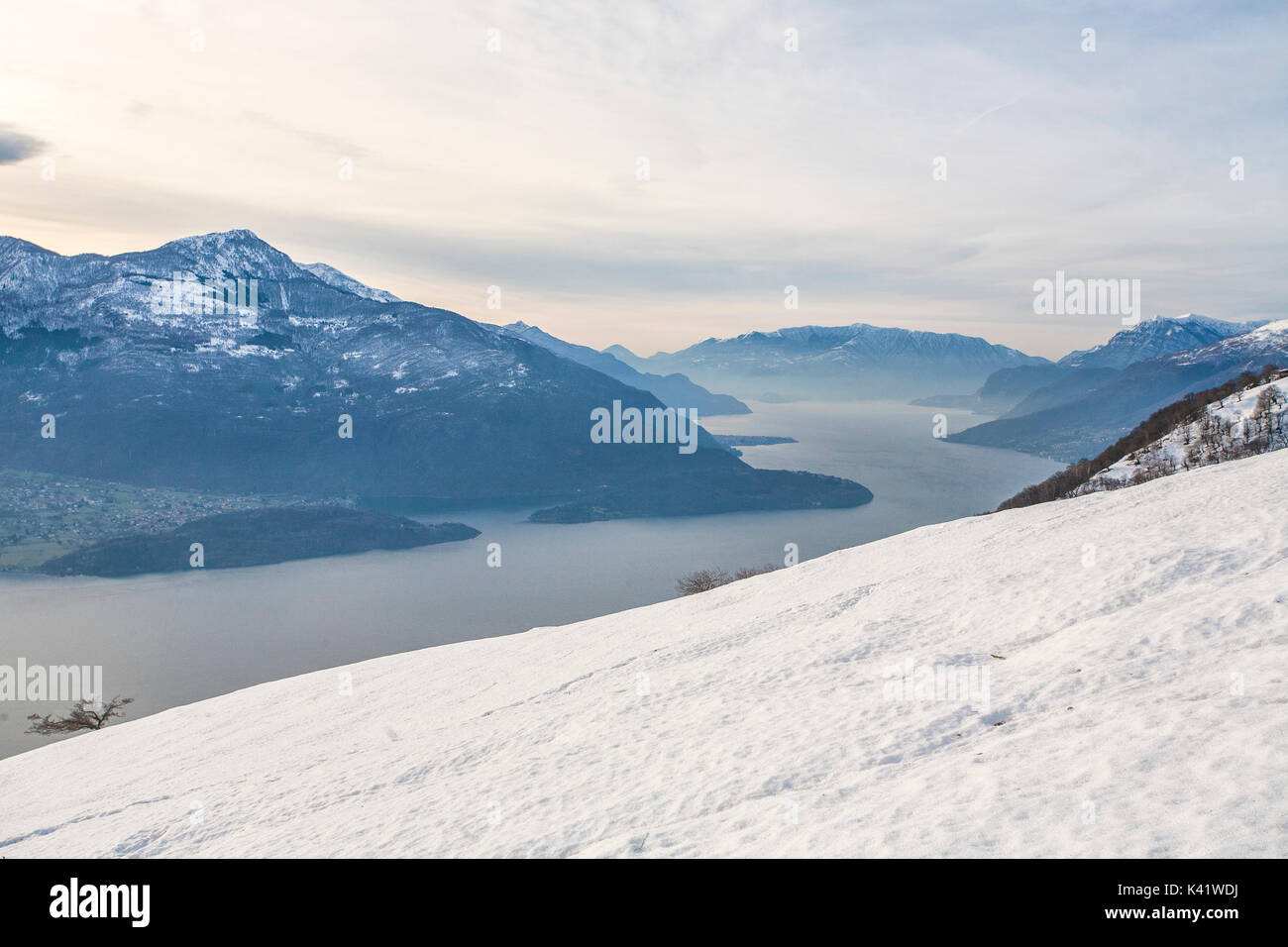Winter view of Lake Como Vercana mountains High Lario Lombardy Italy Europe Stock Photo