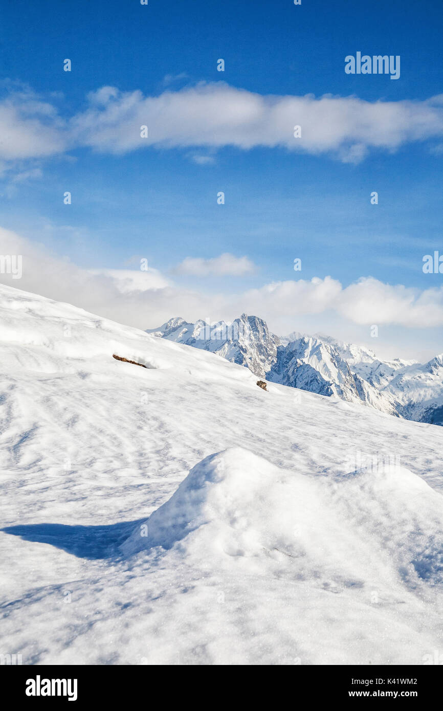 The snowy peaks of Masino Group Vercana Mountains High Lario Lombardy Italy Europe Stock Photo