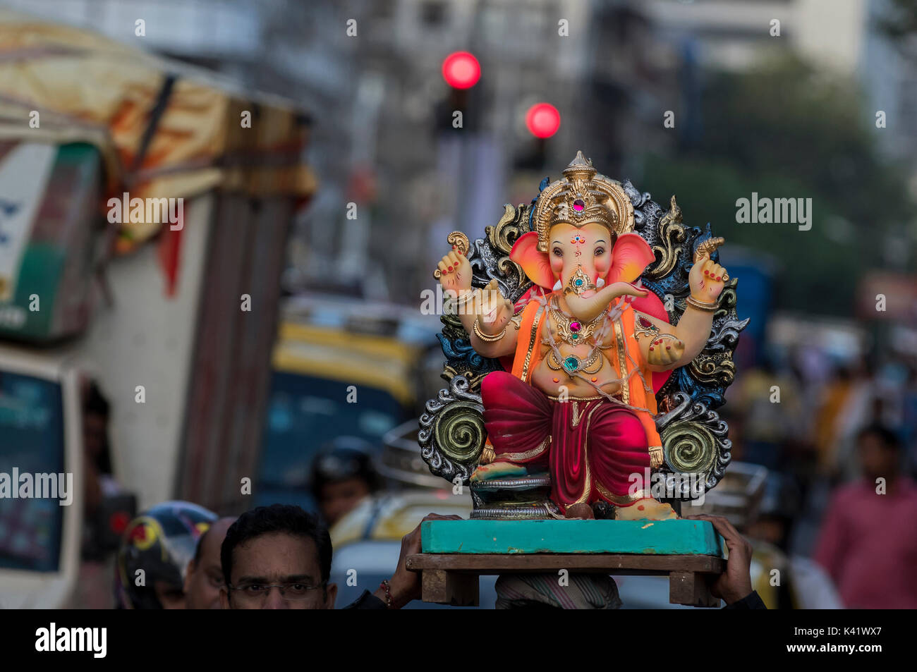 The image of Ganpati or Elephant headed lord  on way to immersion at Giraguam Chowpatty.Mumbai, India Stock Photo