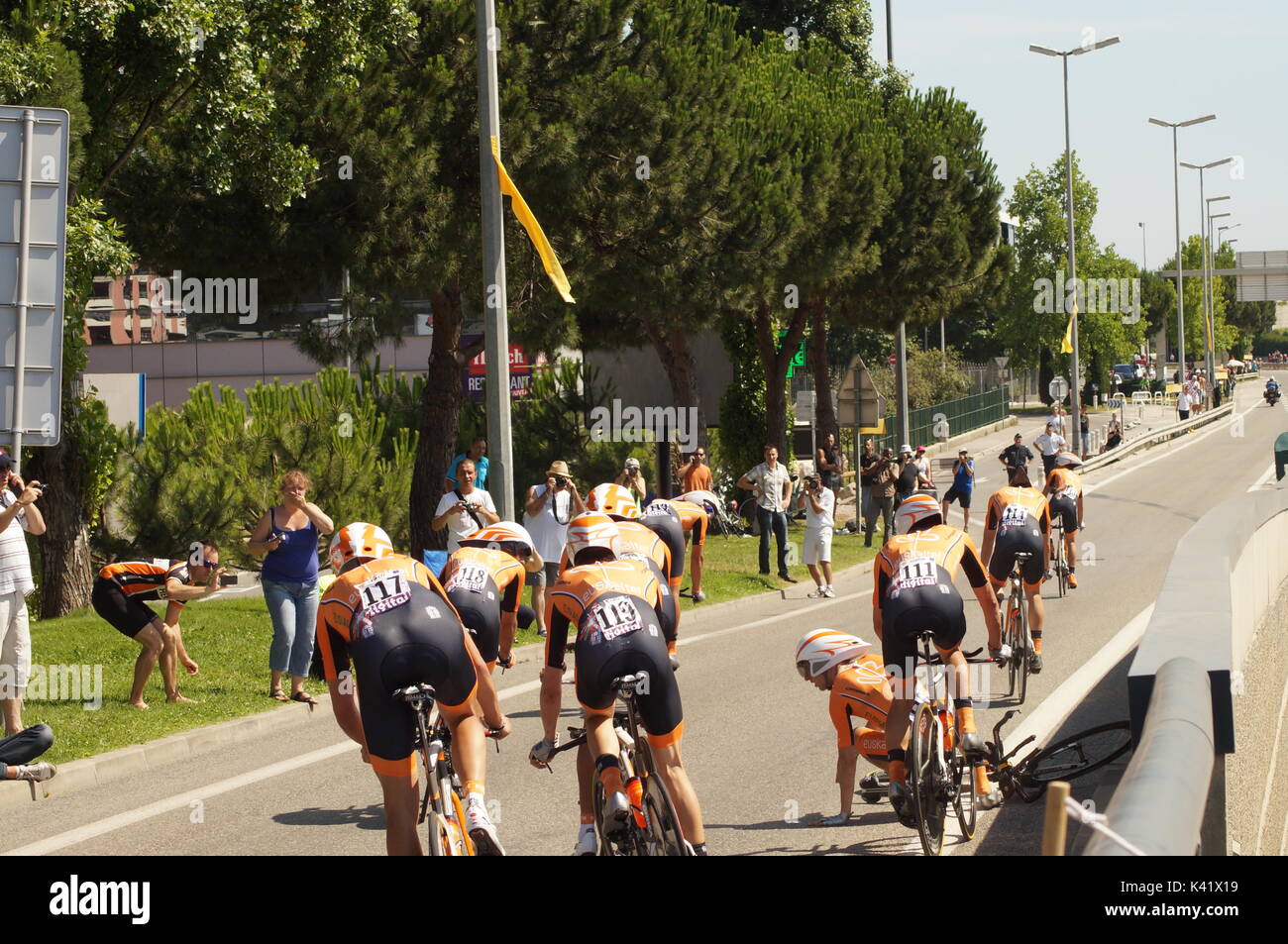 NICE - JULY 2ND : The TOUR 2013  (Tour de France) .EUSKALTEL - EUSKADI Team during Nice/Nice Stage 4 (25 km). N° 116, Nieve iturralde Mikel, is fallin Stock Photo