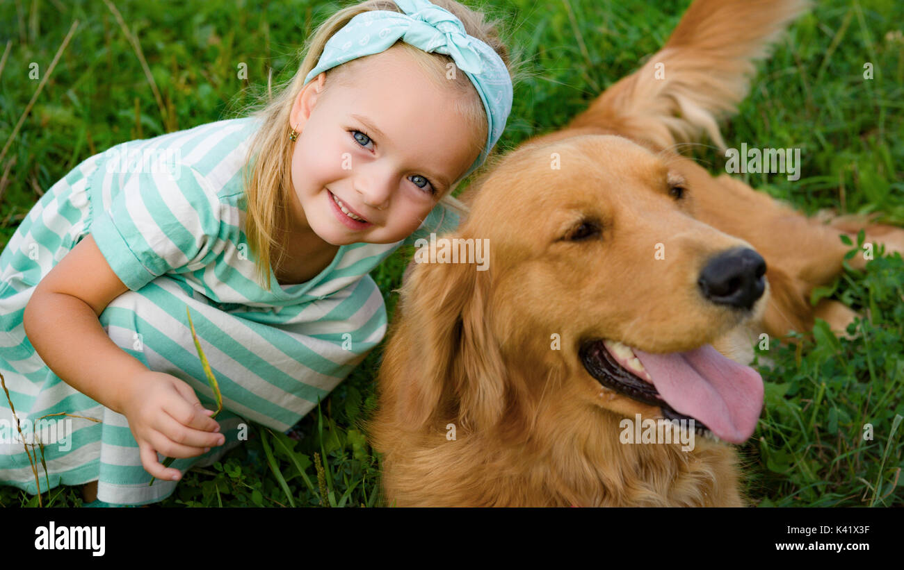 Golden Retriever Little Happy Adorable Girl With Golden Retriever