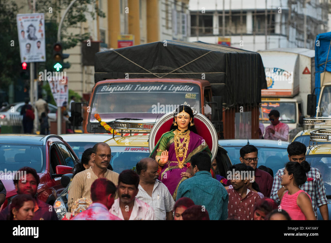 The image of Guari mother of Ganpati or Elephant headed lord on the way to immersion at Giraguam Chowpatty.Mumbai, India Stock Photo