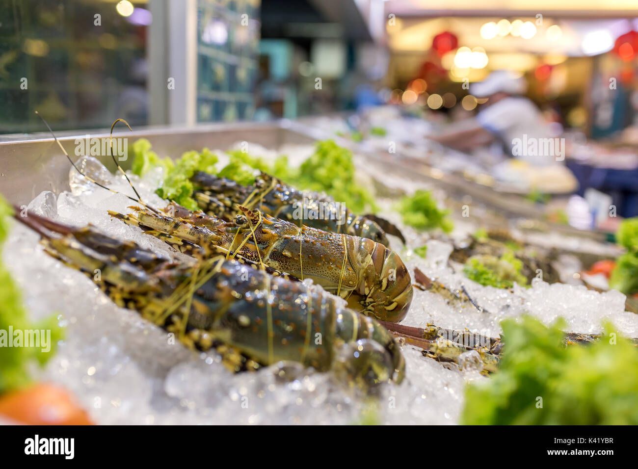 Fresh lobsters on ice. Street food in Asia spiny lobsters close-up. Stock Photo