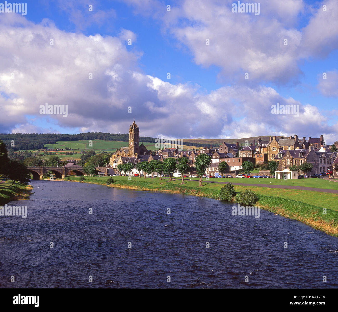 An attractive view of Peebles as seen from the footbridge that crosses the River Tweed, Peebles, Scottish Borders Stock Photo