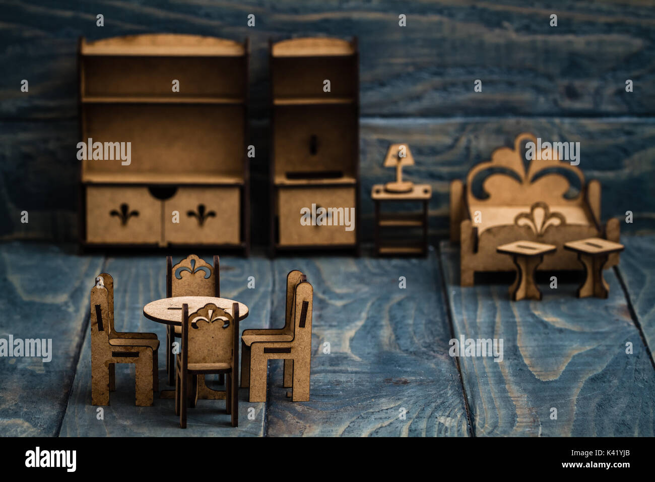 Miniature wooden furniture for children to paint and enjoy Stock Photo