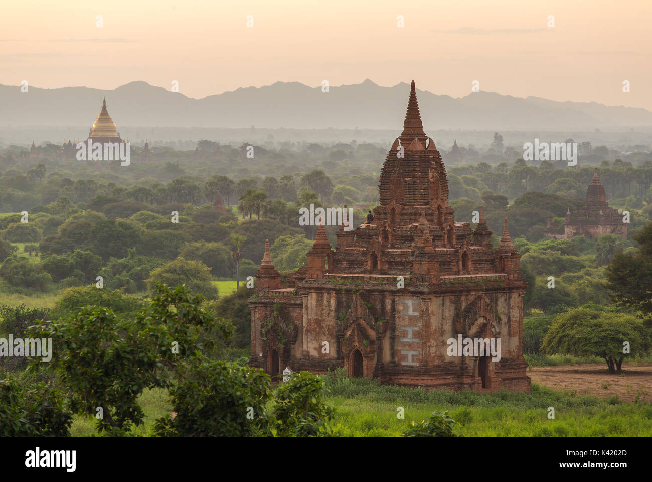 Beautiful sunrise over the ancient pagodas in Bagan, Myanmar Stock Photo