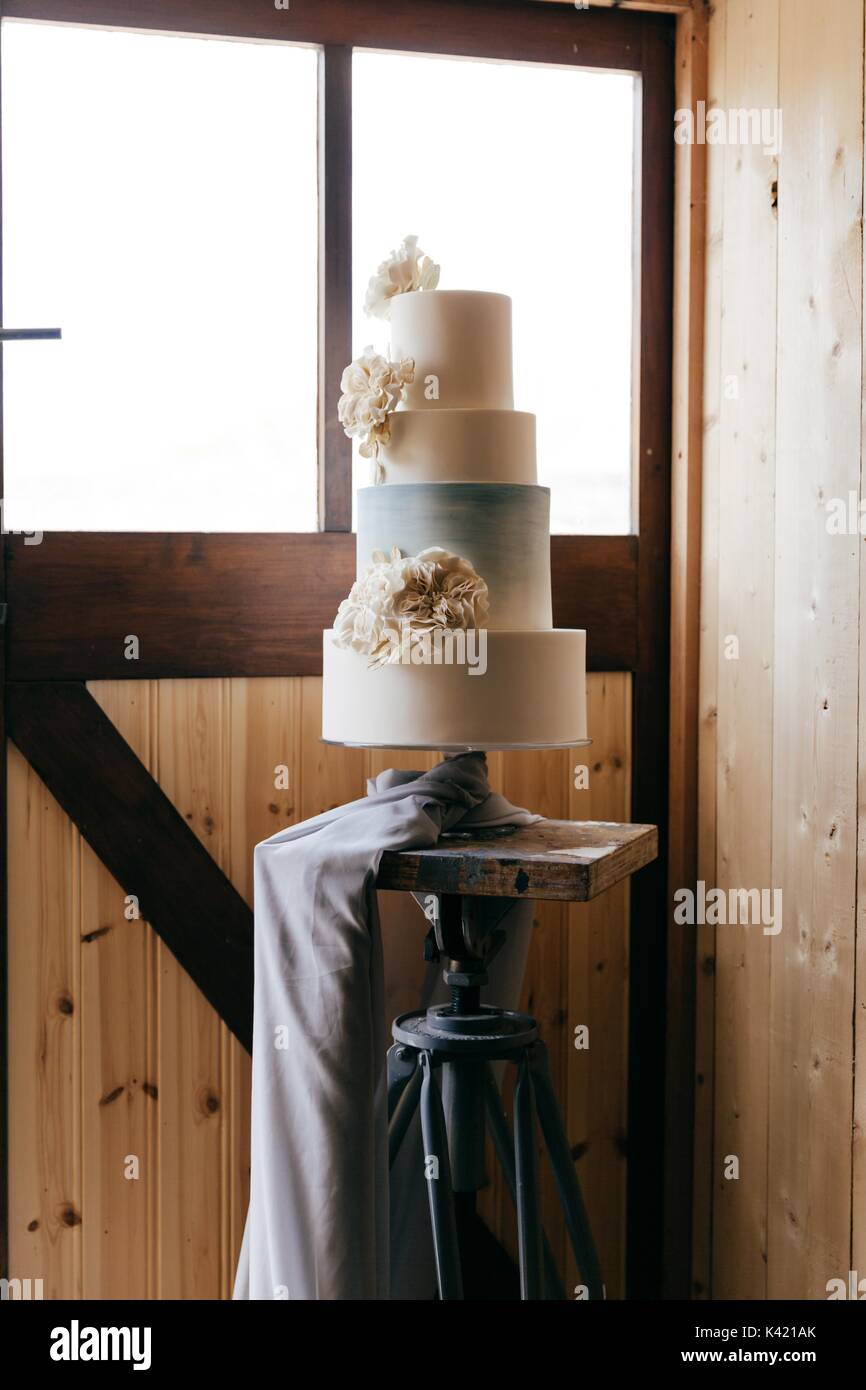 Blue white and gold rustic wedding cake Stock Photo