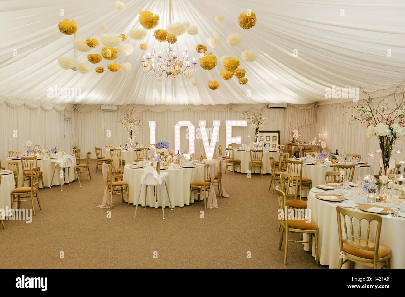 Gold Cream Pink Marquee Wedding Reception Stock Photo 157396927