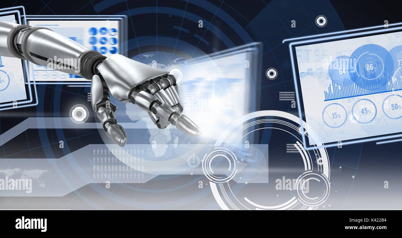 Digital composite of Robot hand interacting with technology interface ...