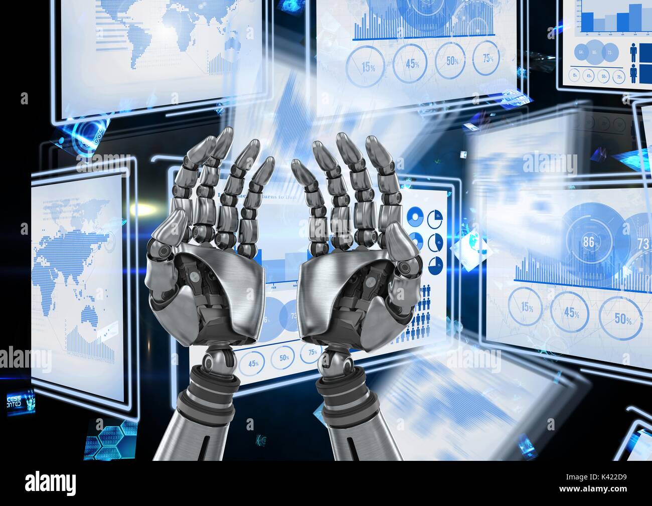 Digital composite of Robot hands interacting with technology interface ...