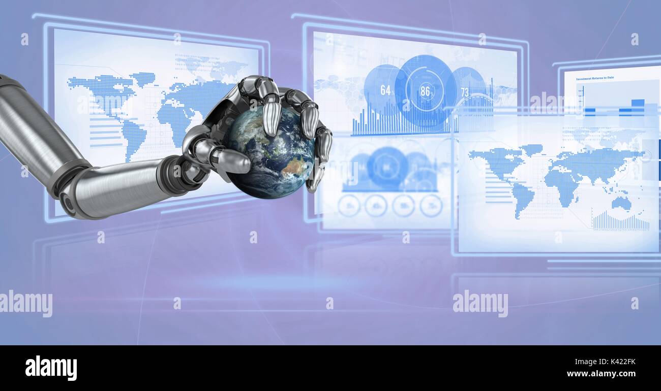 Digital composite of Robot hand interacting with technology interface ...