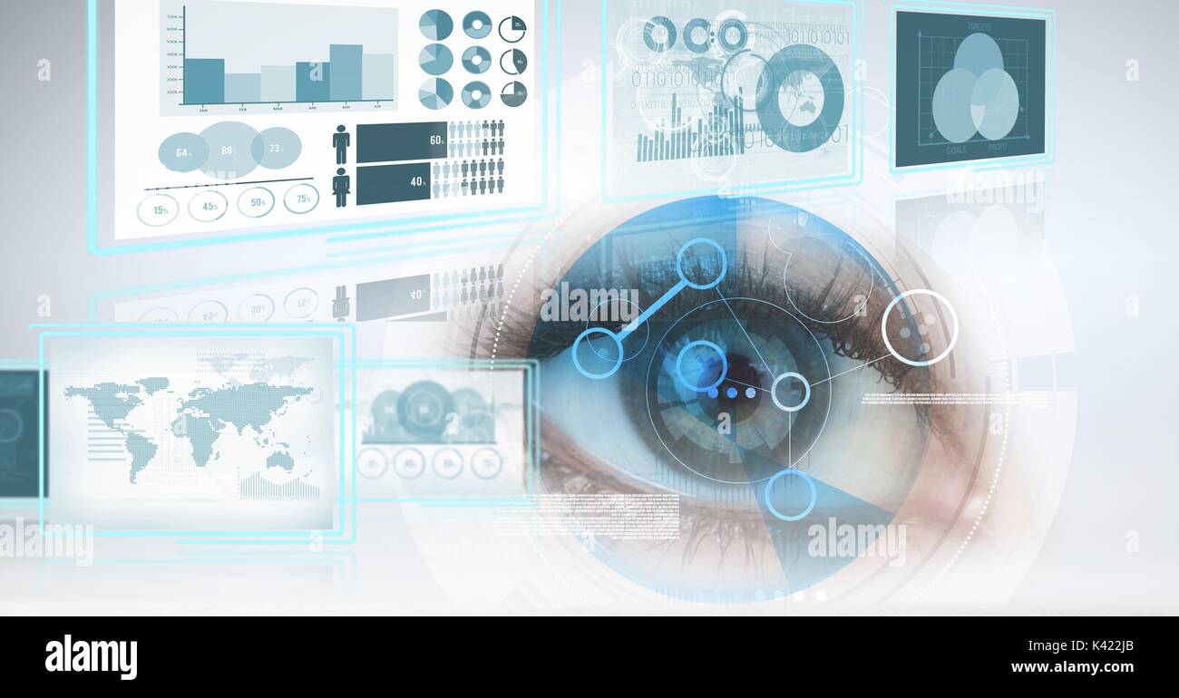 Digital composite of technology interface panels with eye Stock Photo ...