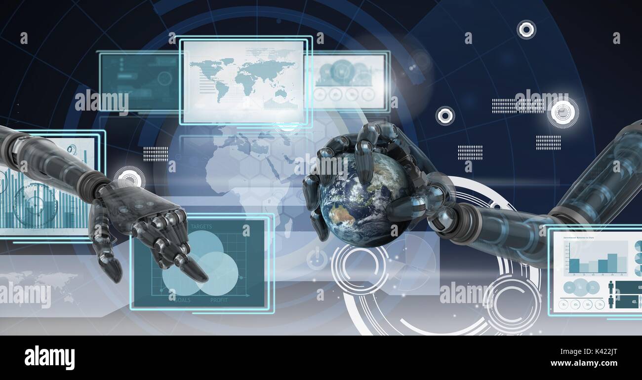 Digital composite of Robot hands interacting with technology interface panels holding world globe Stock Photo