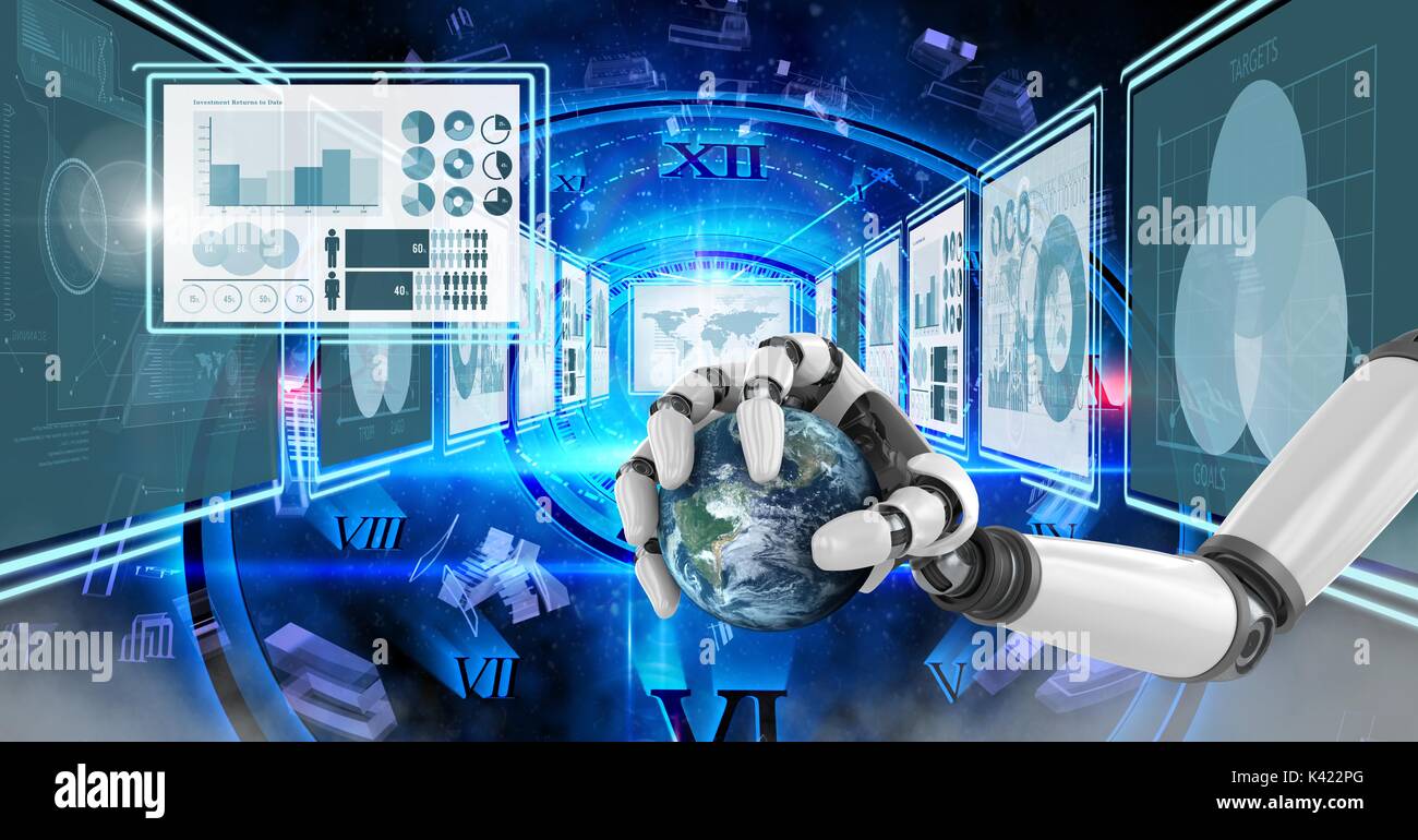 Digital composite of Robot hand interacting with technology interface ...