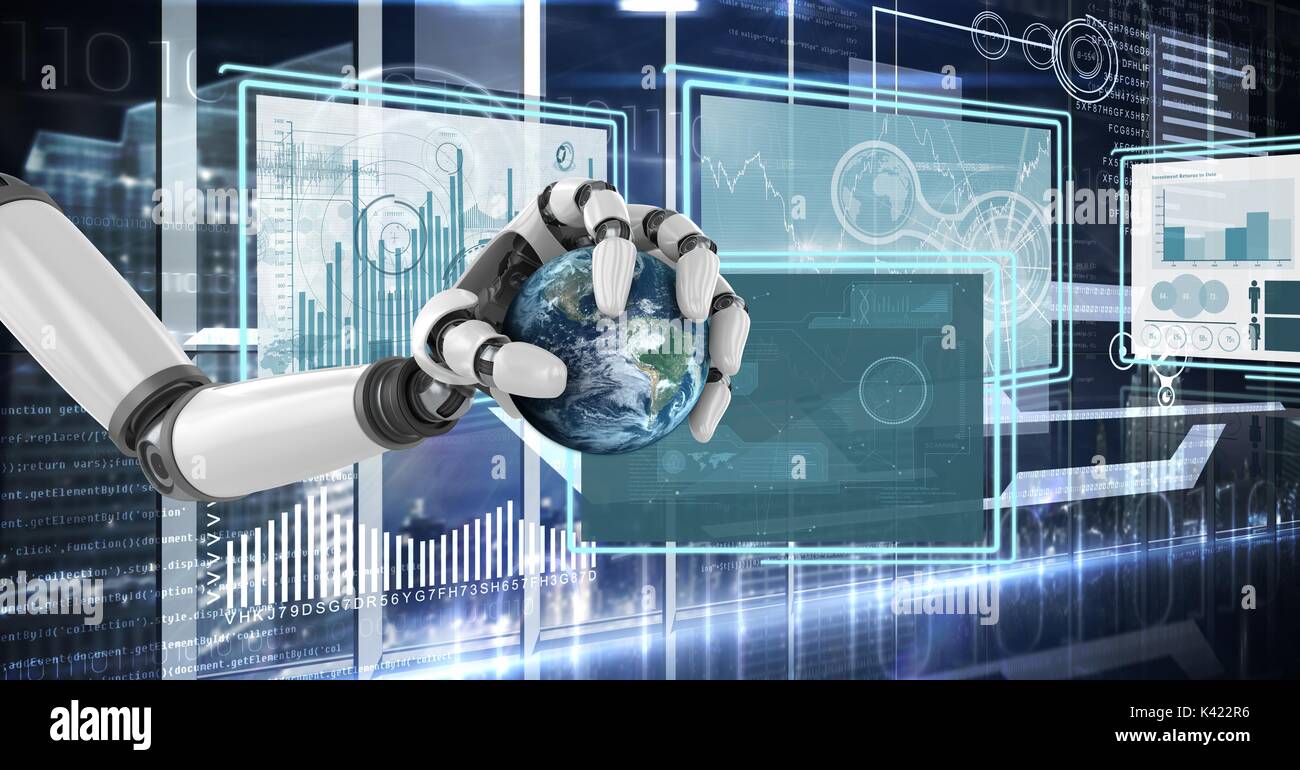 Digital composite of Robot hand interacting with technology interface ...
