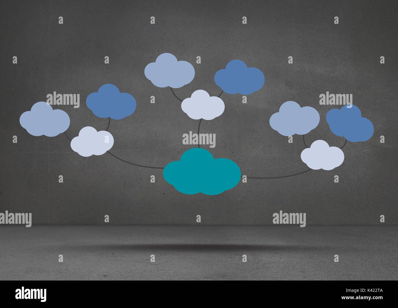 Digital composite of Colorful mind map clouds floating over dark room ...