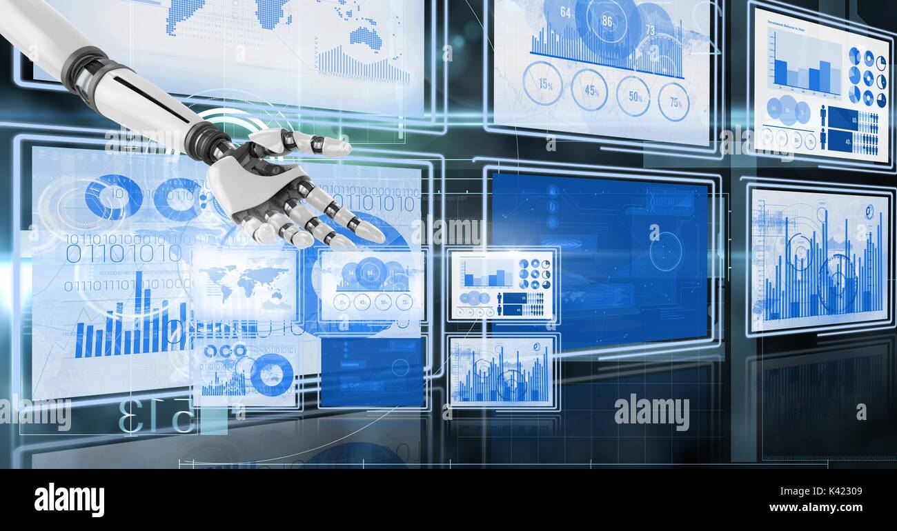 Digital composite of Robot hand interacting with technology interface ...