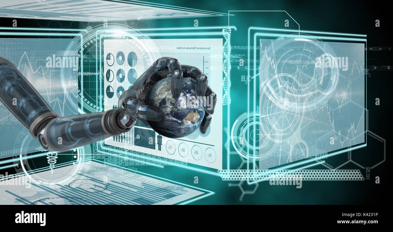 Digital composite of Robot hand interacting with technology interface ...