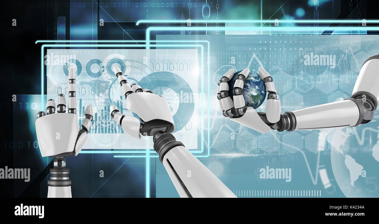 Digital composite of Robot hands interacting with technology interface ...