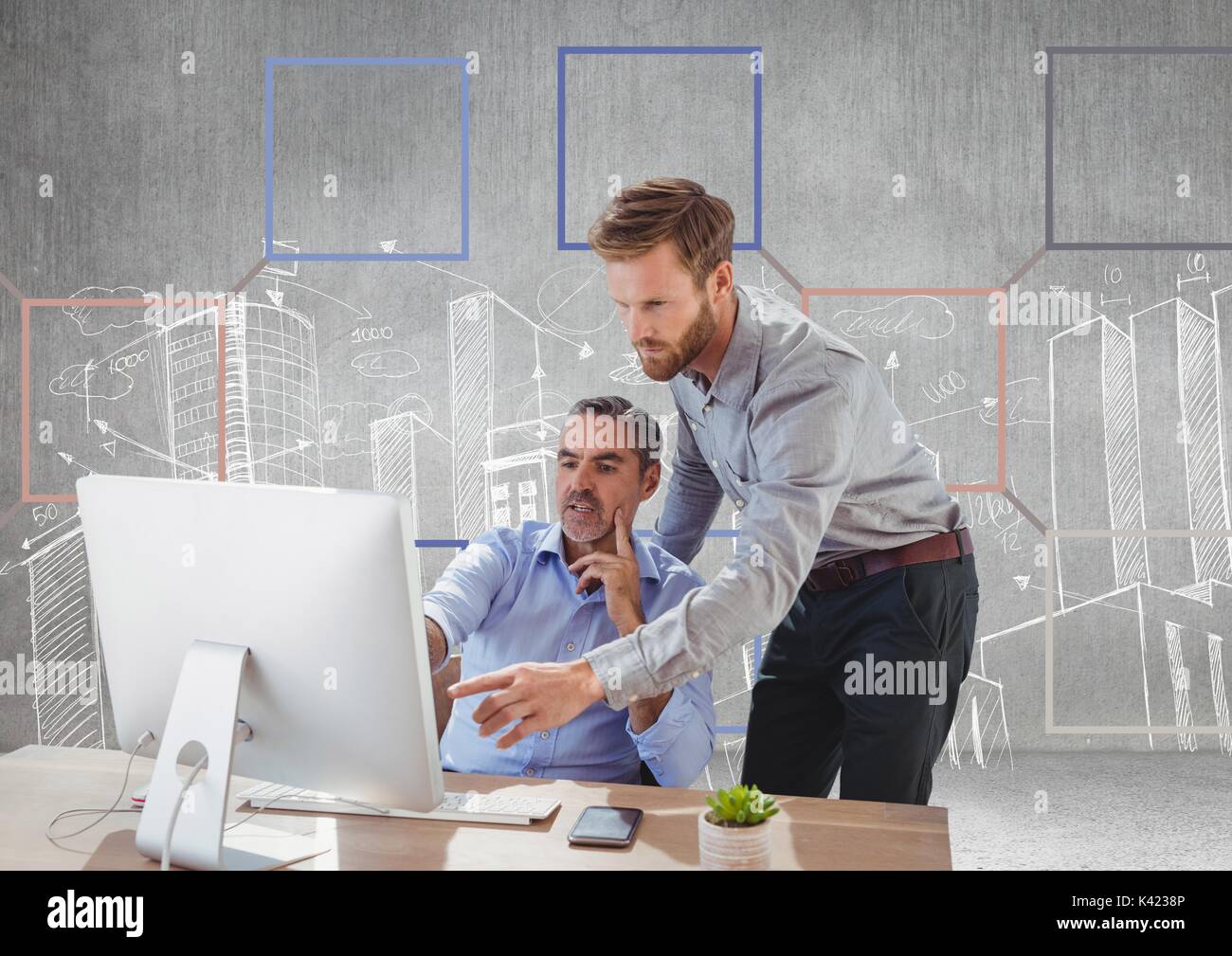 Digital composite of Businessmen and Colorful mind map over city drawings background Stock Photo