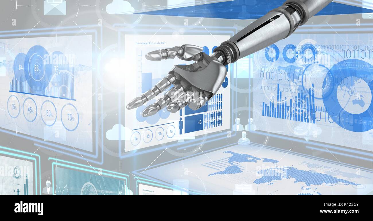 Digital composite of Robot hand interacting with technology interface ...