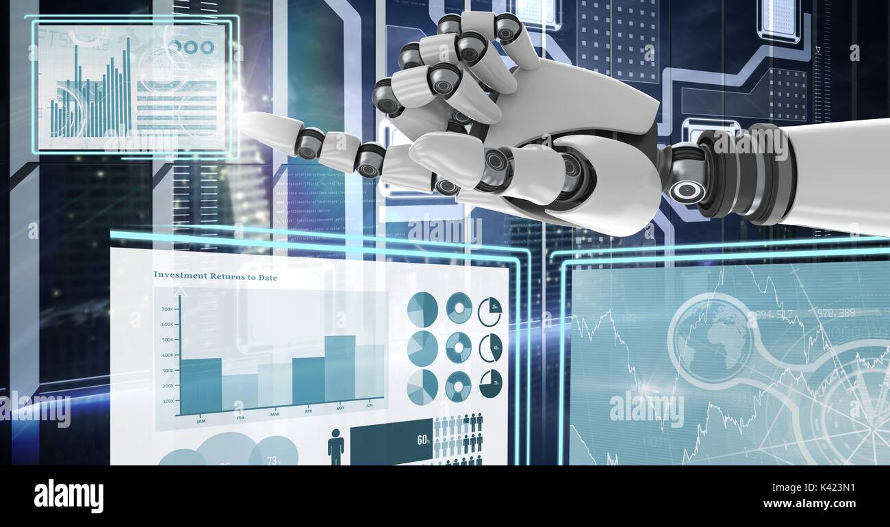 Digital composite of Robot hand interacting with technology interface ...