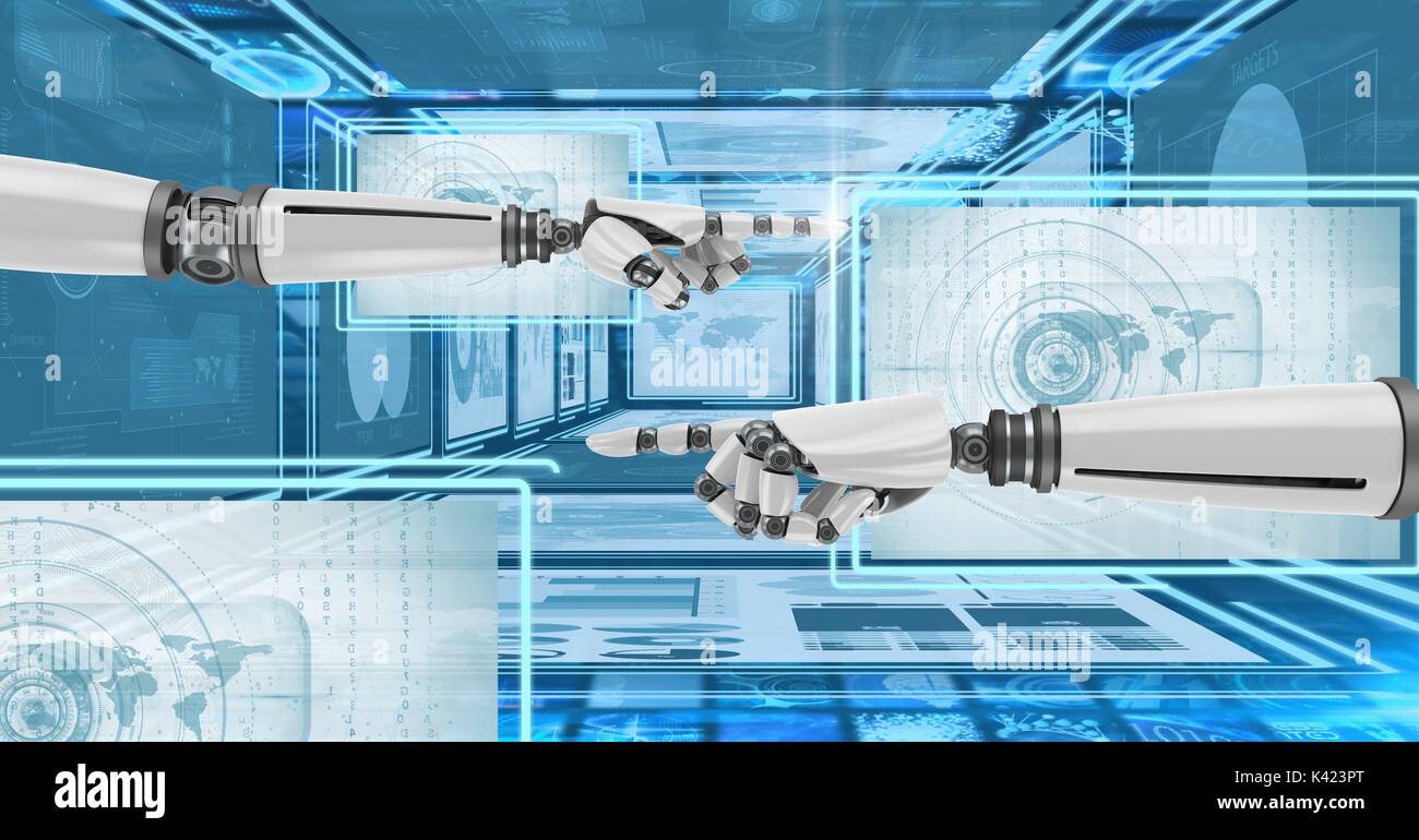Digital composite of Robot hands interacting with technology interface ...