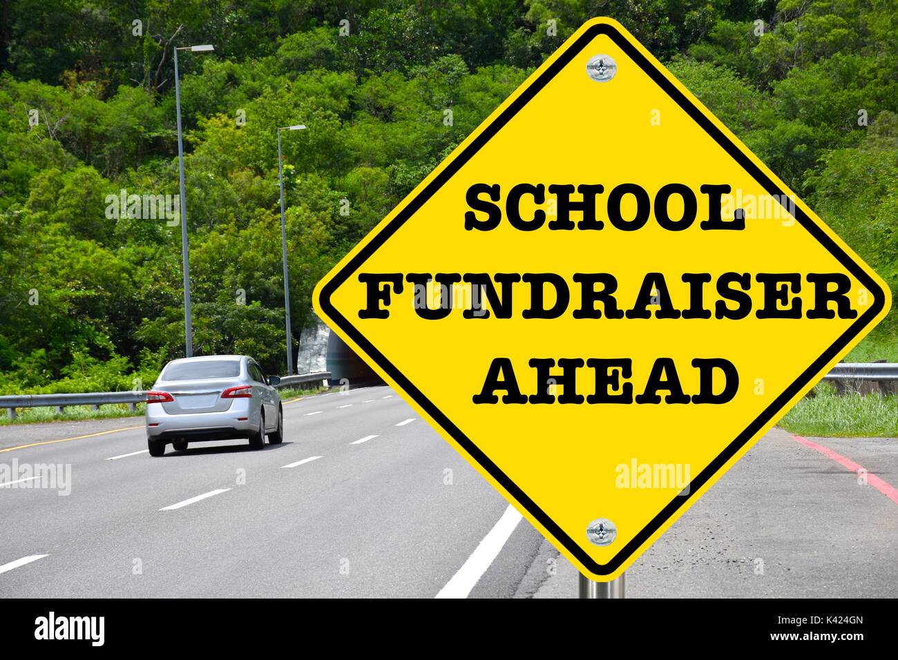 School fundraiser ahead, warning sign Stock Photo Alamy