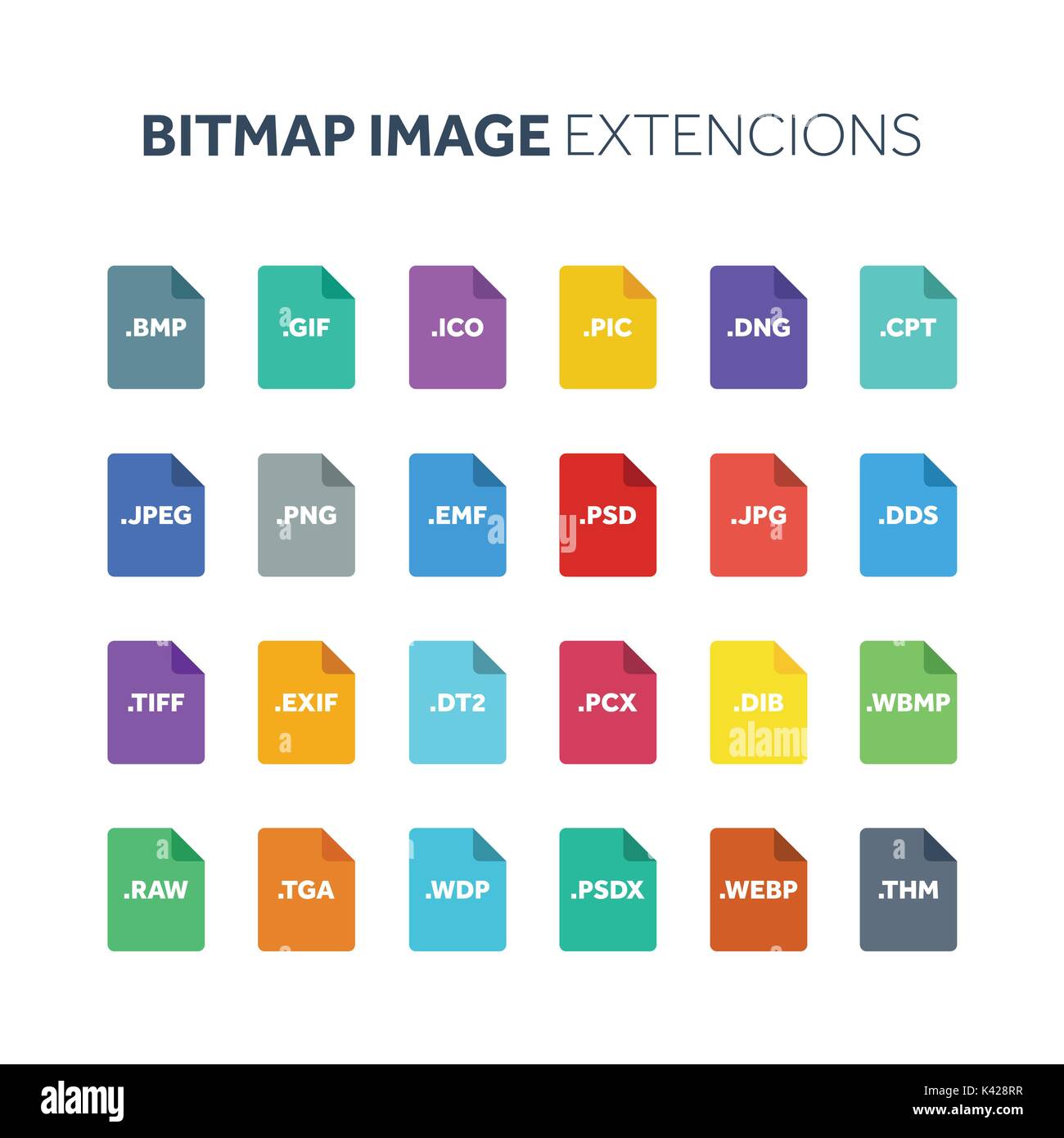 Flat style icon set. Bitmap image file type, extencion. Document format. Pictogram. Web and multimedia. Computer technology. Stock Vector