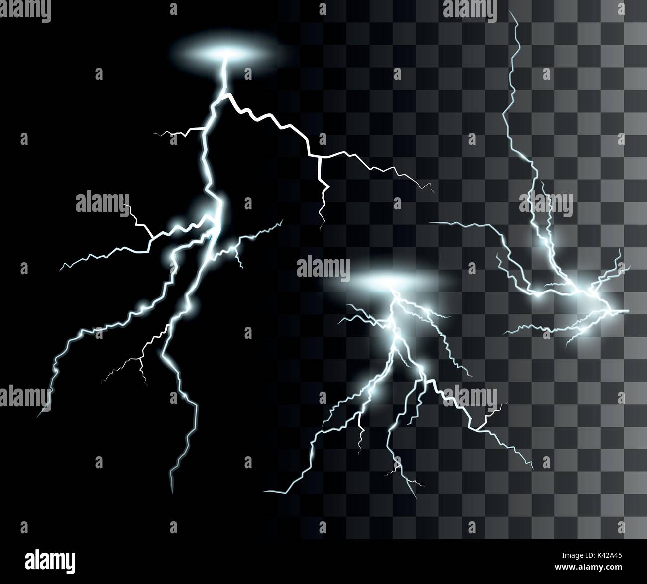 Set of the isolated realistic lightnings with transparency for design. Thunder-storm and lightnings. Magic and bright lighting effects. Natural effect Stock Vector