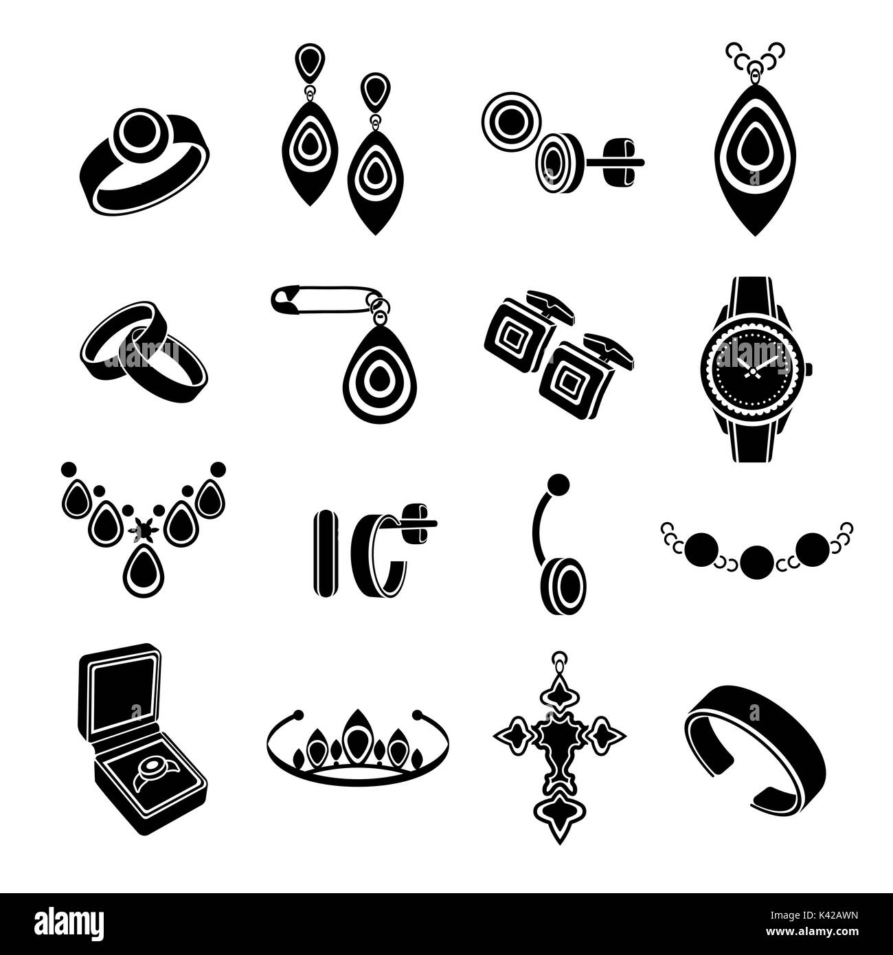 Set icons jewelry in vector. Black flat icons isolated on white