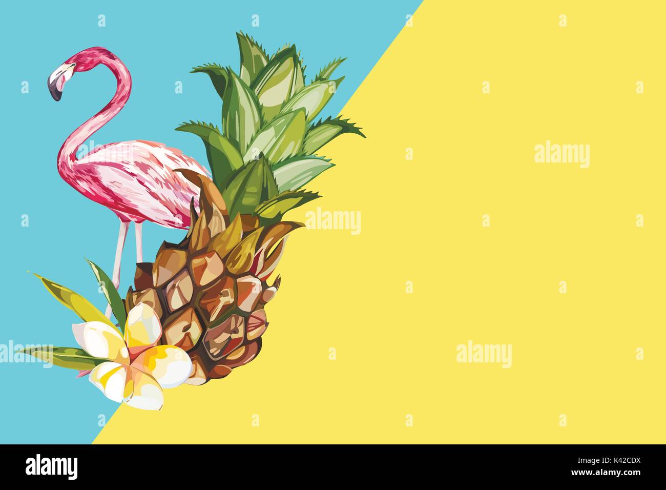 Pineapple with tropical flowers and Flamingo. Element for design of invitations, movie posters, fabrics and other objects. Isolated on white. Vector EPS 10 Stock Vector