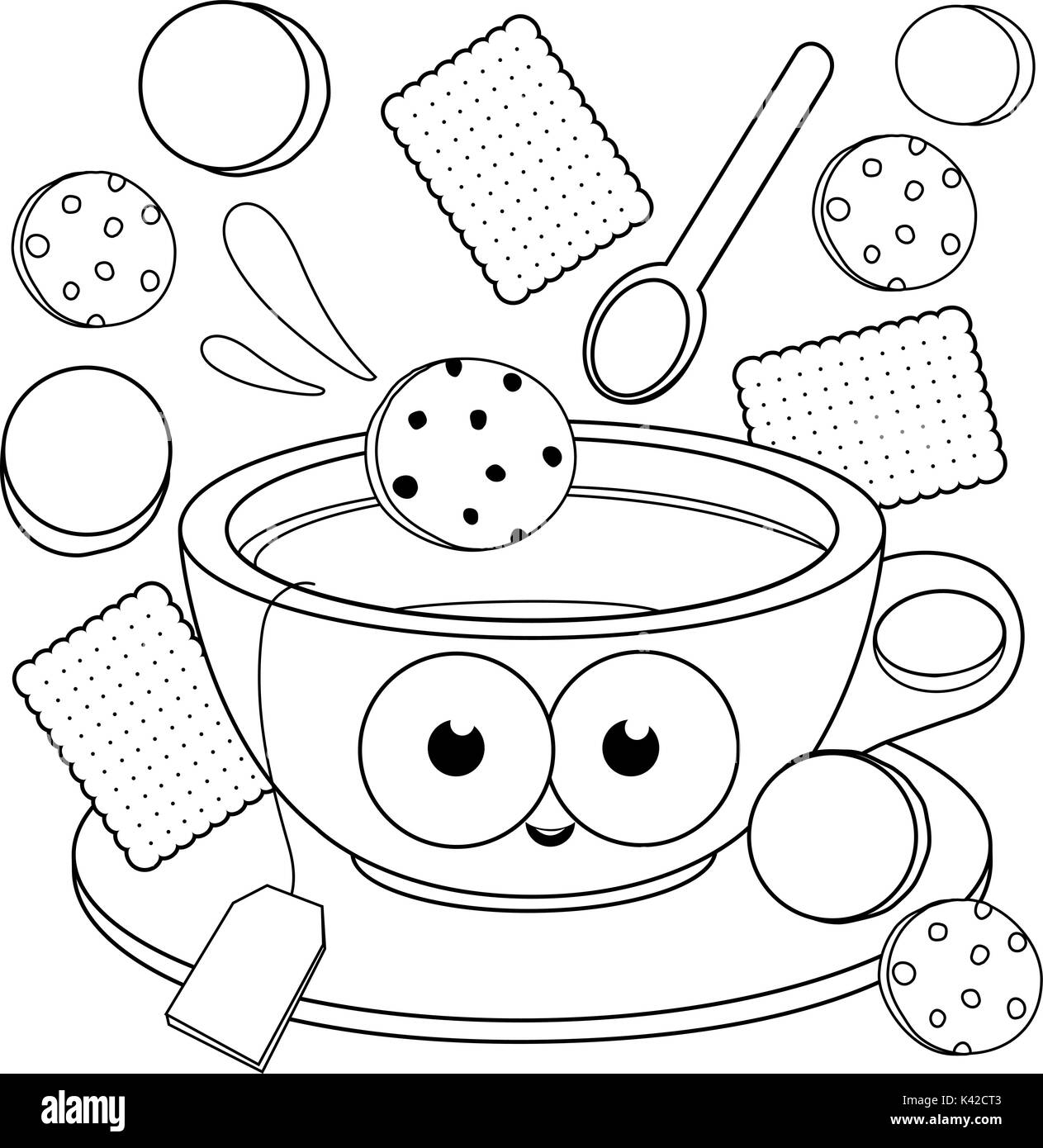 Cup of Tea and cookies. Coloring book page Stock Vector