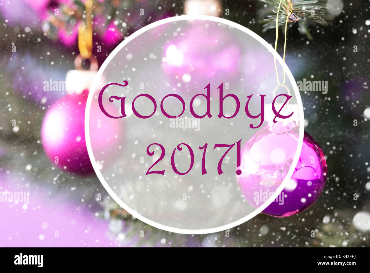 Rose Quartz Christmas Balls, Text Goodbye 2017 Stock Photo