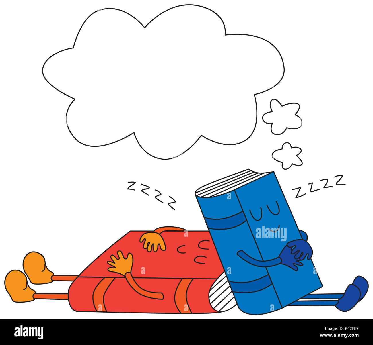 Cartoon illustration of two books sleeping and an empty thinking bubble above them Stock Photo