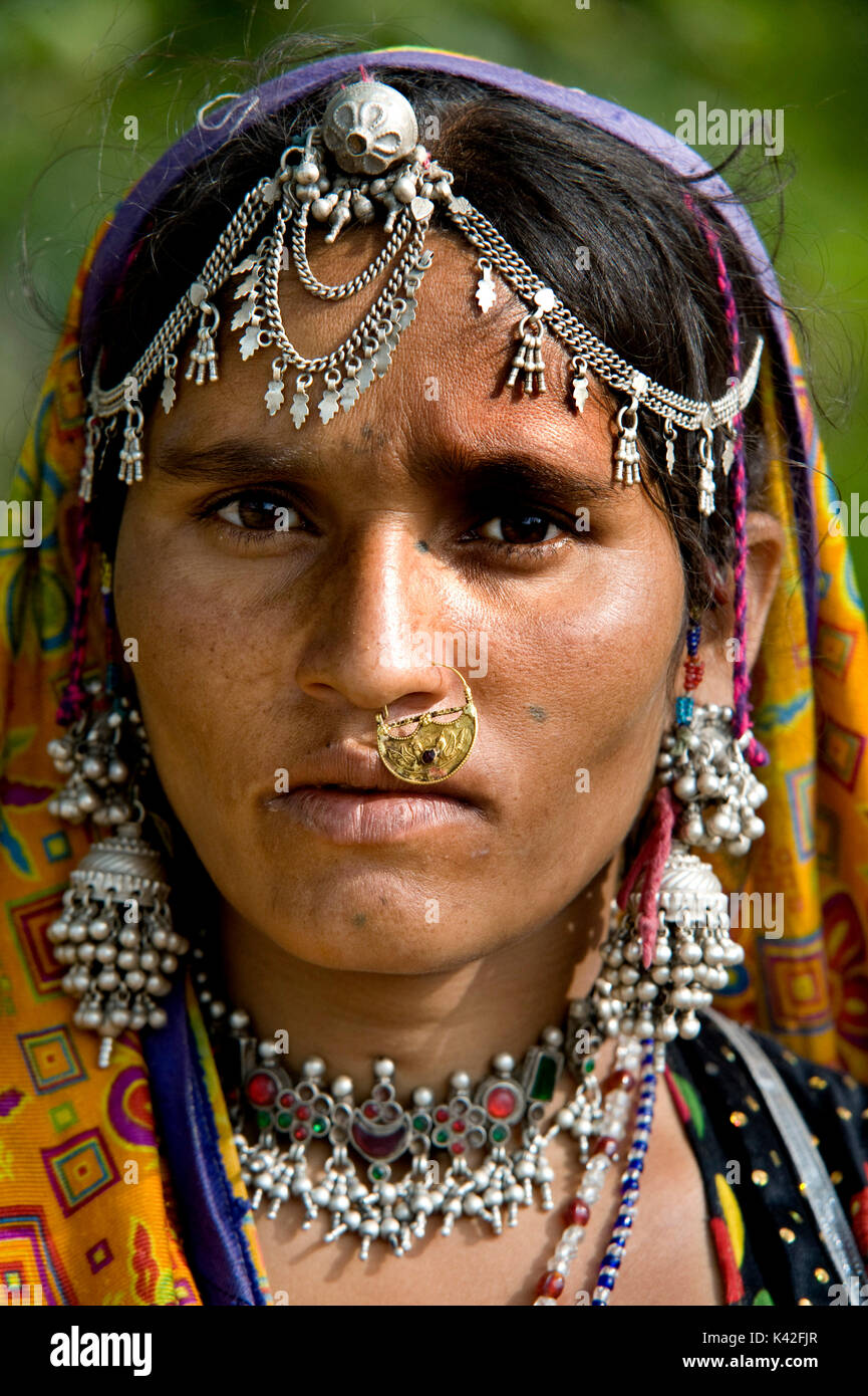 MIR nomadic tribeswoman of Gujarat,wearing traditional jewelry and