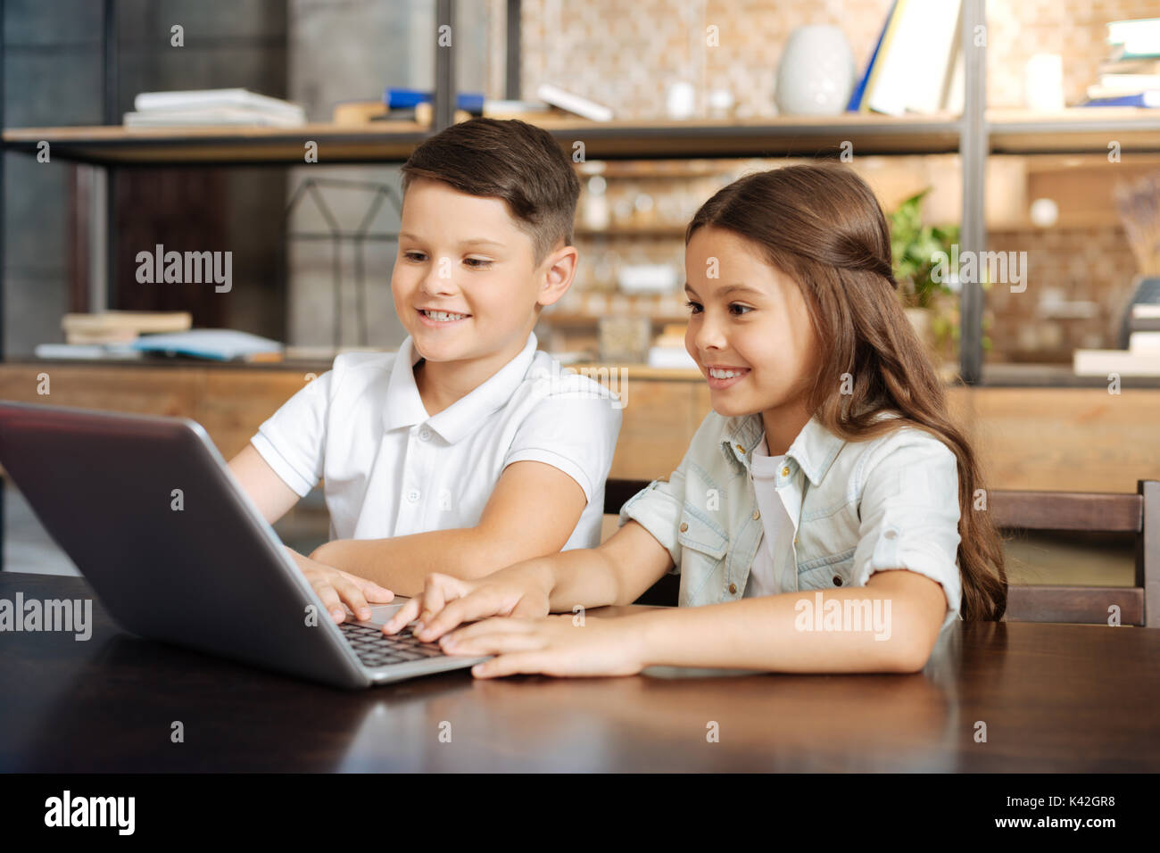 Little brother and sister surfing the web together Stock Photo